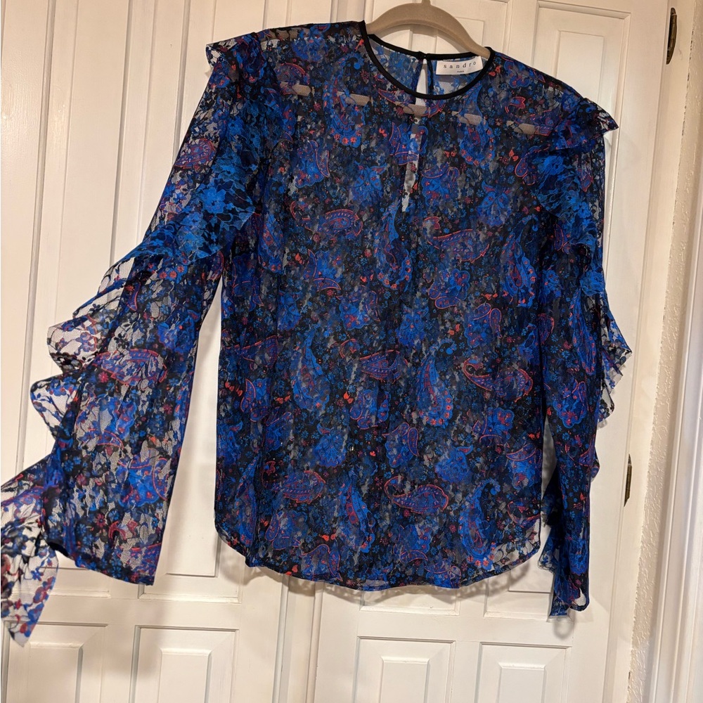 Sandro Blue and Black Ruffled Bell Sleeve Blouse